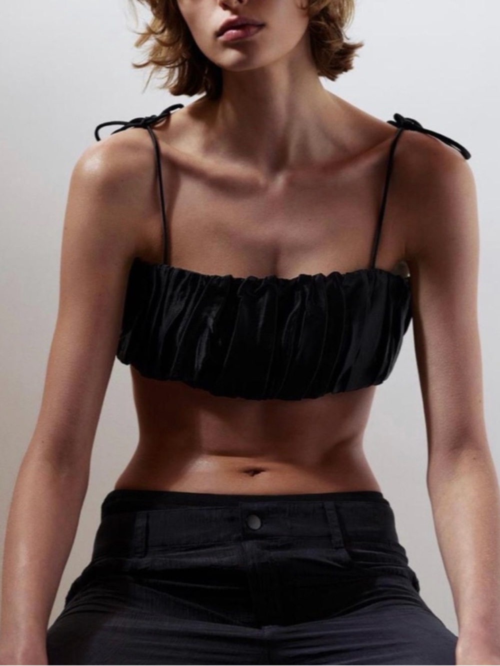 Zara Black Tie-Shoulder Ruched Crop Top - Women